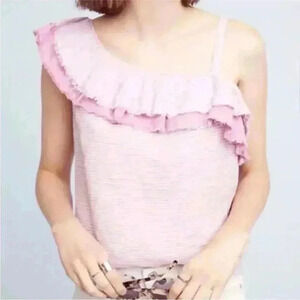 Anthropologie Holding Horses Linen Purple Striped Ruffle Top Women's Size XXS